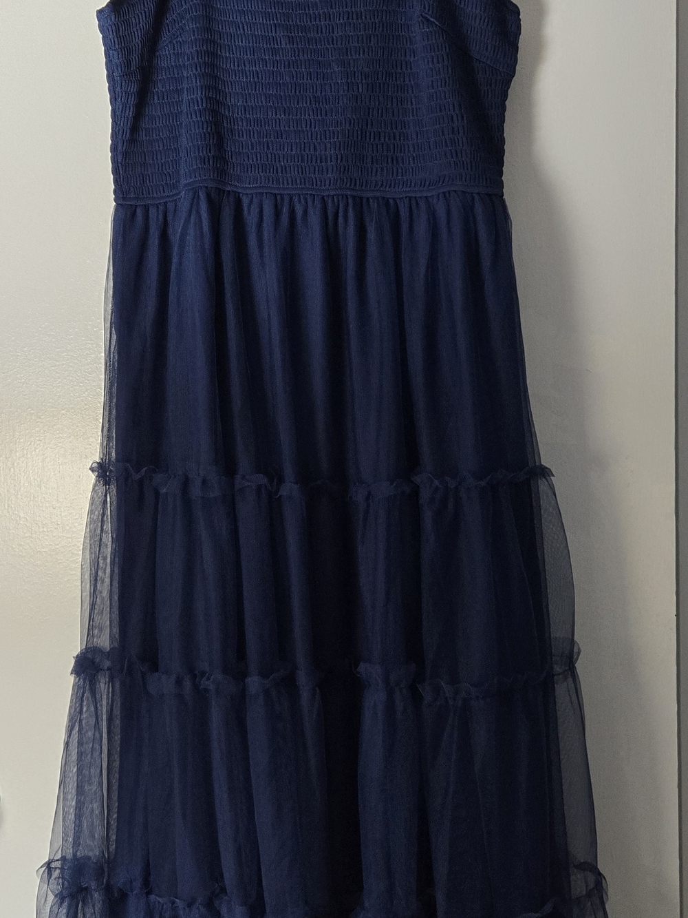 Smocked Bodice Navy Midi Dress with Tiered Tulle Skirt